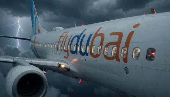 A dramatic scene of a Flydubai aircraft in flight under stormy skies, with subtle visual hints of tension and urgency — such as distant lightning, blurred motion suggesting chaos in the cabin, and emergency lights flickering inside visible windows — but without showing any violence, weapons, or explicit terror imagery. The focus is on the aircraft’s isolation and the atmospheric tension of an unfolding crisis, rendered with cinematic realism.