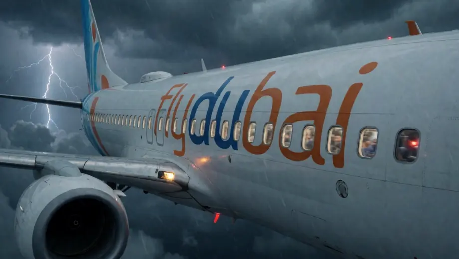 A dramatic scene of a Flydubai aircraft in flight under stormy skies, with subtle visual hints of tension and urgency — such as distant lightning, blurred motion suggesting chaos in the cabin, and emergency lights flickering inside visible windows — but without showing any violence, weapons, or explicit terror imagery. The focus is on the aircraft’s isolation and the atmospheric tension of an unfolding crisis, rendered with cinematic realism.