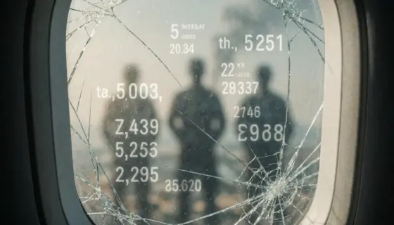 A symbolic image representing airline security vulnerabilities, hostage imagery, and war statistics: a cracked airplane window showing a blurred background of distant conflict zones with faint silhouettes of hostages and floating numerical data like casualty counts and flight numbers, all in muted tones with a somber, journalistic tone