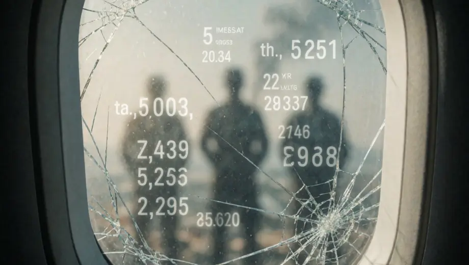 A symbolic image representing airline security vulnerabilities, hostage imagery, and war statistics: a cracked airplane window showing a blurred background of distant conflict zones with faint silhouettes of hostages and floating numerical data like casualty counts and flight numbers, all in muted tones with a somber, journalistic tone
