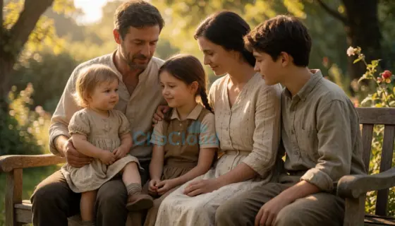A warm, emotional family scene showing a father, mother, and three children sitting together on a wooden bench in a sunlit garden, sharing a quiet moment of connection; the father has gentle eyes and wears a simple shirt, the mother smiles softly with her hand on one child’s shoulder, and the three children — one toddler, one school-aged, and one teenager — lean into each other naturally, wearing casual, modest clothing; soft golden hour light filters through trees, casting gentle shadows and hi