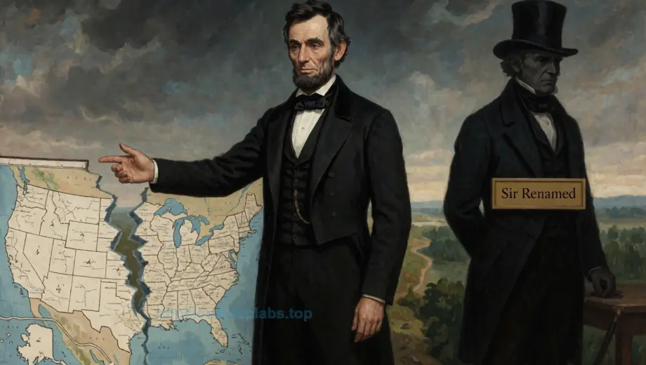 A symbolic illustration of Washington criticizing the Civil War and a renamed British figure, featuring a solemn Abraham Lincoln-like figure in 19th-century attire gesturing toward a torn map of the United States, while a shadowy British official with a altered nameplate (e.g., 'Sir Renamed') stands apart, all set against a muted, stormy sky over a divided landscape; no text, letters, or digits visible
