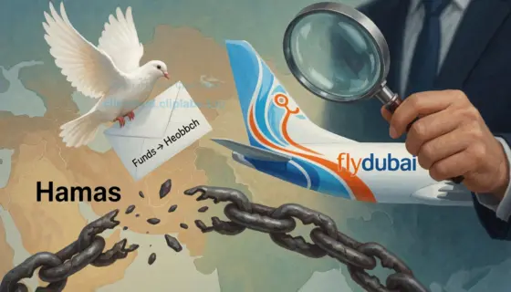 A symbolic image representing a message from Hamas, money flowing to Hezbollah, and investigations into Flydubai, depicted through abstract visual metaphors: a broken chain labeled 'Hamas' releasing a dove carrying an envelope marked 'Funds → Hezbollah', while in the background, a stylized airplane tail with 'Flydubai' is under a magnifying glass held by a neutral figure in a suit, all set against a muted geopolitical map background with soft gradients, no text or numerals visible, emphasizing t