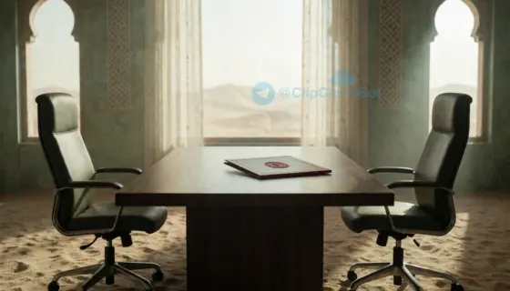 A symbolic scene representing a missed meeting between Riyadh and the Huthis, with a step toward Gazara and protocol, featuring an empty conference table with two chairs facing each other, one slightly pushed back, a diplomatic document with a red seal lying untouched in the center, soft morning light filtering through tall windows, subtle Middle Eastern architectural elements in the background like arched windows and geometric patterns, muted earth tones with accents of sand and olive green, no