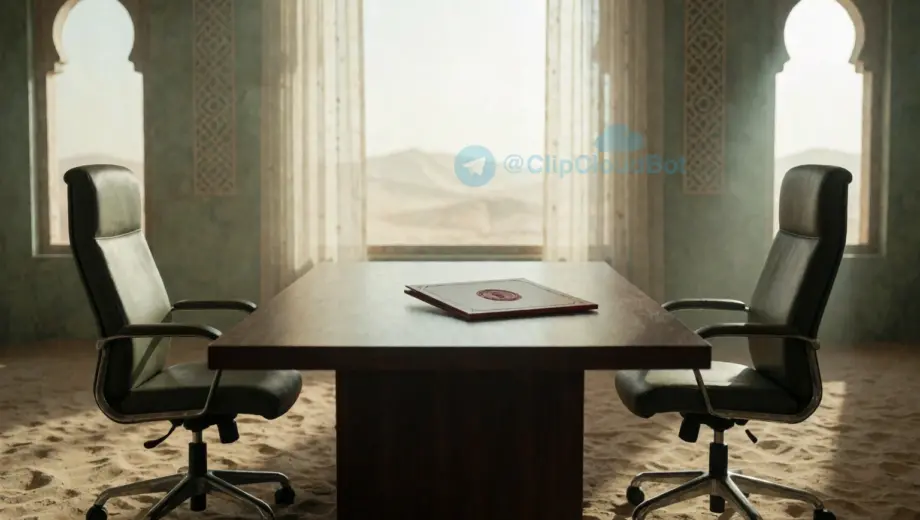 A symbolic scene representing a missed meeting between Riyadh and the Huthis, with a step toward Gazara and protocol, featuring an empty conference table with two chairs facing each other, one slightly pushed back, a diplomatic document with a red seal lying untouched in the center, soft morning light filtering through tall windows, subtle Middle Eastern architectural elements in the background like arched windows and geometric patterns, muted earth tones with accents of sand and olive green, no