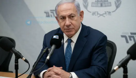 Israeli Prime Minister Benjamin Netanyahu giving an interview to a military radio station, seated at a desk with microphones, wearing a formal suit, serious expression, background showing subtle Israeli military insignia or radio equipment, realistic lighting, professional setting
