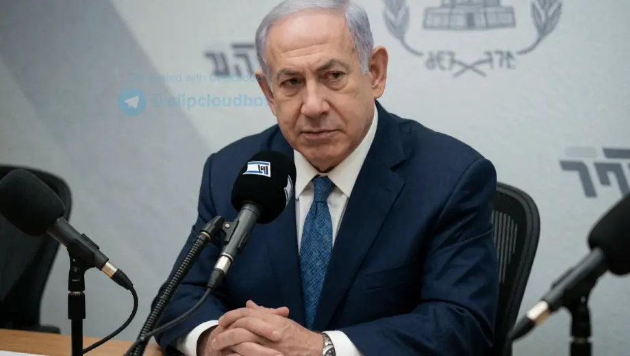 Israeli Prime Minister Benjamin Netanyahu giving an interview to a military radio station, seated at a desk with microphones, wearing a formal suit, serious expression, background showing subtle Israeli military insignia or radio equipment, realistic lighting, professional setting