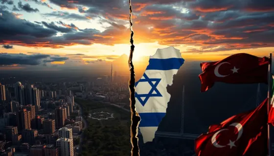 A cinematic conceptual art representing a map of Israel physically cracking down the middle. On one side, a modern urban landscape, on the other, a political atmosphere with flickering flags. In the background, a silhouette of the Ankara skyline under a dramatic sky, symbolizing a message being sent. Highly detailed, dramatic lighting, high contrast.