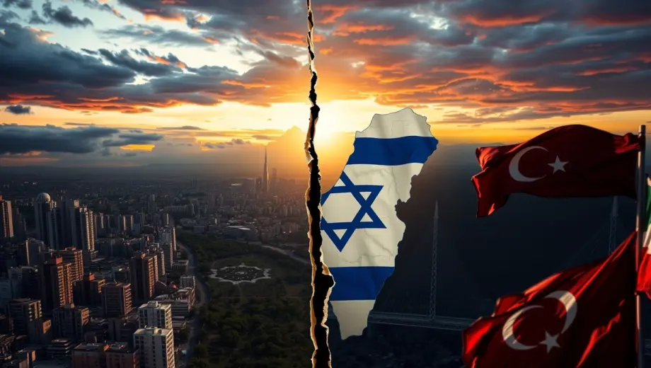 A cinematic conceptual art representing a map of Israel physically cracking down the middle. On one side, a modern urban landscape, on the other, a political atmosphere with flickering flags. In the background, a silhouette of the Ankara skyline under a dramatic sky, symbolizing a message being sent. Highly detailed, dramatic lighting, high contrast.