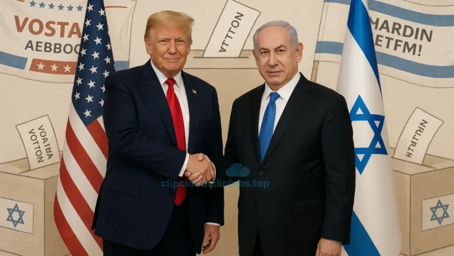 A formal portrait of Donald Trump and Benjamin Netanyahu shaking hands, both wearing suits, standing in front of flags of the United States and Israel, with a subtle background of a voting ballot box and campaign banners in neutral tones, conveying political support and diplomacy