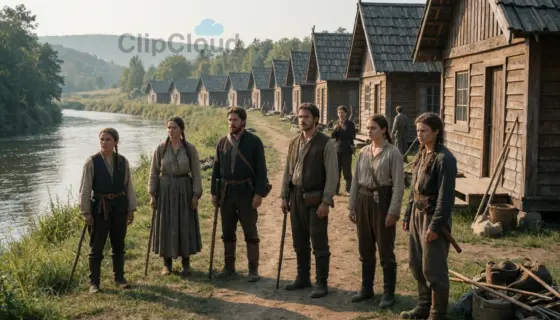 A group of people in heightened readiness, standing near a new settlement beside the Soá River and a row of traditional wooden houses, with natural landscape, soft daylight, and subtle signs of preparation such as tools, supplies, and watchful postures, no text or symbols visible