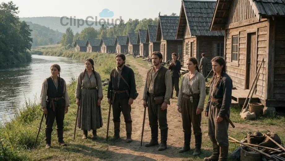 A group of people in heightened readiness, standing near a new settlement beside the Soá River and a row of traditional wooden houses, with natural landscape, soft daylight, and subtle signs of preparation such as tools, supplies, and watchful postures, no text or symbols visible