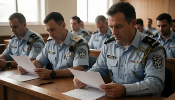 A solemn military courtroom scene with Israeli Defense Forces officers in uniform reviewing documents, a quiet atmosphere, no visible punishment or execution, subtle signs of resolution and understanding, soft natural light through windows, realistic details, focus on human expressions of relief and dignity