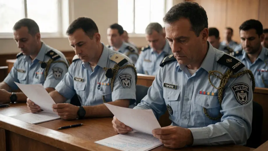 A solemn military courtroom scene with Israeli Defense Forces officers in uniform reviewing documents, a quiet atmosphere, no visible punishment or execution, subtle signs of resolution and understanding, soft natural light through windows, realistic details, focus on human expressions of relief and dignity