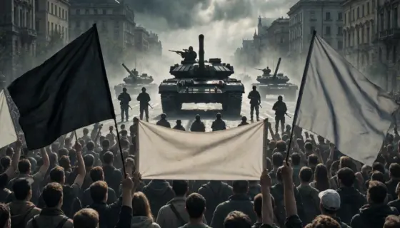A dramatic cinematic shot of a large crowd of protesters in a city square, holding blank flags and banners, in the background silhouettes of military tanks and soldiers are visible under a dark stormy sky, the atmosphere is tense and urgent, high contrast lighting, realistic style
