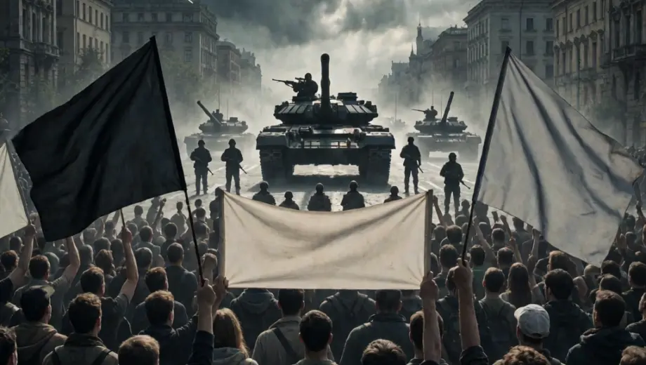 A dramatic cinematic shot of a large crowd of protesters in a city square, holding blank flags and banners, in the background silhouettes of military tanks and soldiers are visible under a dark stormy sky, the atmosphere is tense and urgent, high contrast lighting, realistic style