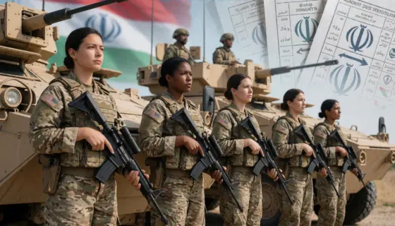 A group of diverse female soldiers in modern military uniforms standing beside armored vehicles, symbolizing unity and defense against Iran, with a subtle background of election ballots and flags representing democratic processes, conveying solidarity and vigilance