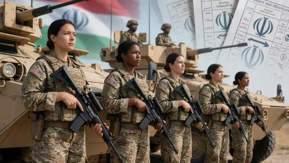 A group of diverse female soldiers in modern military uniforms standing beside armored vehicles, symbolizing unity and defense against Iran, with a subtle background of election ballots and flags representing democratic processes, conveying solidarity and vigilance