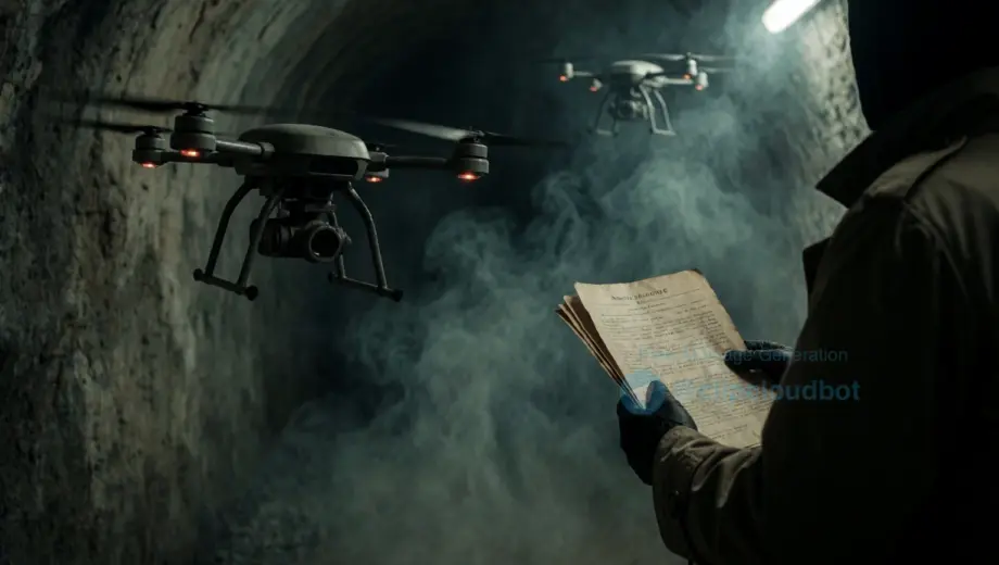 A dark underground tunnel with faint gas-like haze, small Hezbollah-style surveillance drones flying in the air, and a shadowy figure in a trench coat holding old espionage documents, evoking 24.5 years of covert spying — tense, atmospheric, cinematic lighting, no text or symbols
