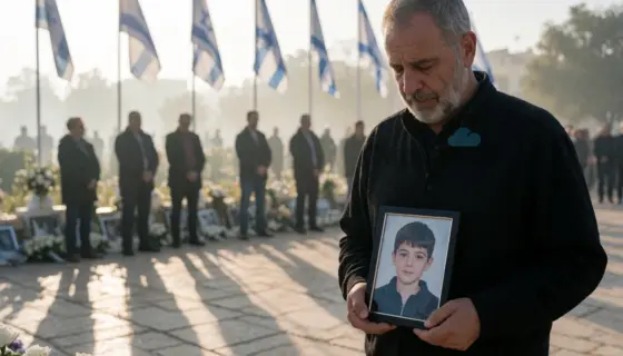 A grieving father standing solemnly at a memorial site, holding a photograph of his young son, with soft morning light casting long shadows, subtle Israeli flag colors in the background, emotional atmosphere of loss and accusation, no text or symbols visible