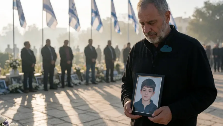 A grieving father standing solemnly at a memorial site, holding a photograph of his young son, with soft morning light casting long shadows, subtle Israeli flag colors in the background, emotional atmosphere of loss and accusation, no text or symbols visible