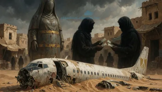 A symbolic and dramatic scene representing 'Minden bombák anyja, a Hamász adóztat és az egyiptomi repülő rej' (Mother of all bombs, Hamas taxes, and the Egyptian flight mystery): a large, ominous bomb shaped like a maternal figure looms in the background, while shadowy figures exchange money in a Middle Eastern marketplace under a tense sky, and in the foreground, the wreckage of an Egyptian airplane lies half-buried in desert sand, with subtle hints of secrecy and investigation, all rendered in