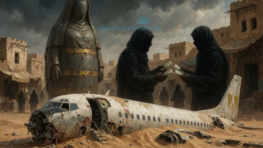 A symbolic and dramatic scene representing 'Minden bombák anyja, a Hamász adóztat és az egyiptomi repülő rej' (Mother of all bombs, Hamas taxes, and the Egyptian flight mystery): a large, ominous bomb shaped like a maternal figure looms in the background, while shadowy figures exchange money in a Middle Eastern marketplace under a tense sky, and in the foreground, the wreckage of an Egyptian airplane lies half-buried in desert sand, with subtle hints of secrecy and investigation, all rendered in