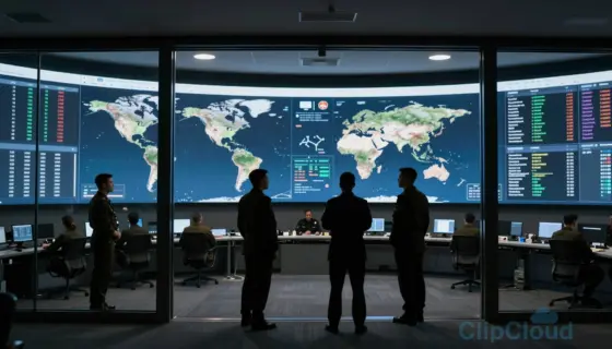 A cinematic wide-angle shot of a modern command room with large screens displaying global maps and strategic data, silhouettes of military officers and politicians in the foreground talking through glass doors, dramatic lighting, high-stakes atmosphere.