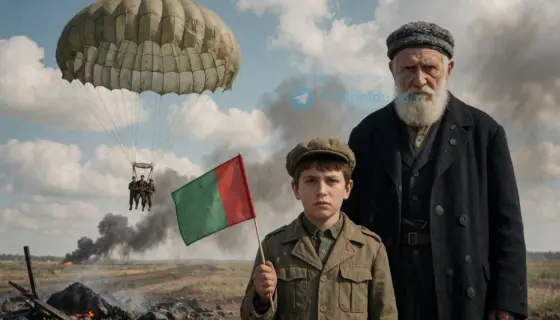 A symbolic scene depicting a parachute landing in a war-torn area, with a young boy holding a small flag and an elderly man with a stern expression standing nearby, all under a cloudy sky with distant smoke on the horizon