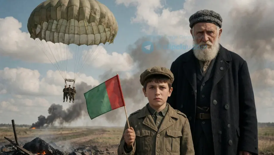 A symbolic scene depicting a parachute landing in a war-torn area, with a young boy holding a small flag and an elderly man with a stern expression standing nearby, all under a cloudy sky with distant smoke on the horizon