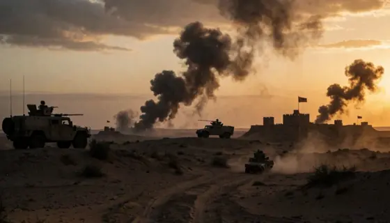 A dramatic cinematic shot of a tense desert landscape at dusk, featuring military vehicles and fortifications silhouetted in the distance, smoke clouds rising over the horizon, heavy atmosphere of impending conflict, high contrast