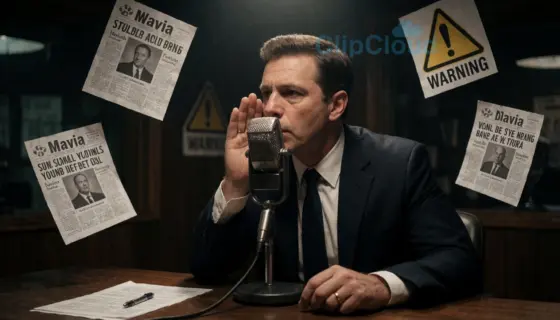 A dramatic scene in a radio studio with a mafia figure in a dark suit whispering into a vintage microphone, surrounded by warning signs and scandalous newspaper headlines floating in the air, tense atmosphere, dim lighting with a single spotlight on the microphone, subtle shadows suggesting hidden danger