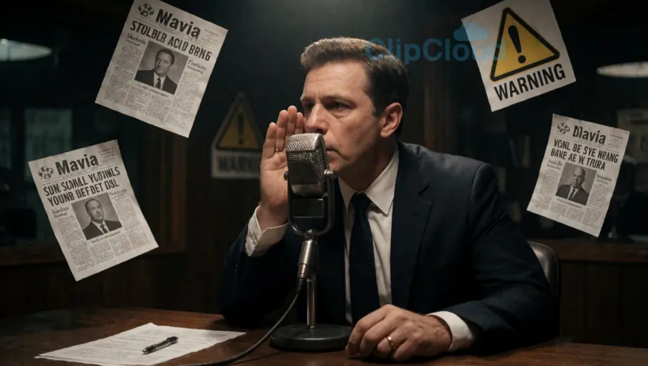 A dramatic scene in a radio studio with a mafia figure in a dark suit whispering into a vintage microphone, surrounded by warning signs and scandalous newspaper headlines floating in the air, tense atmosphere, dim lighting with a single spotlight on the microphone, subtle shadows suggesting hidden danger