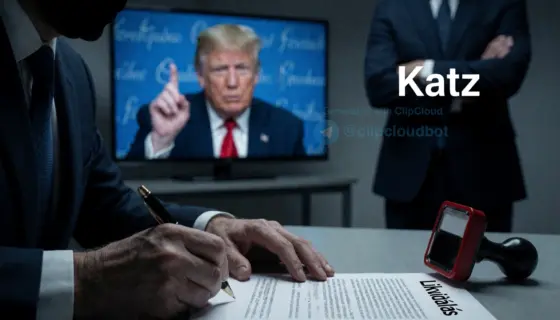 A dramatic political scene showing a shadowy figure in a suit signing a document labeled 'Likvidálás' (Liquidation) with a red stamp, while in the background, a blurred television screen displays Donald Trump raising a finger in warning, and a third figure labeled 'Katz' stands motionless with arms crossed, unchanged expression, in a dimly lit office with cold blue and gray tones, emphasizing tension and inevitability