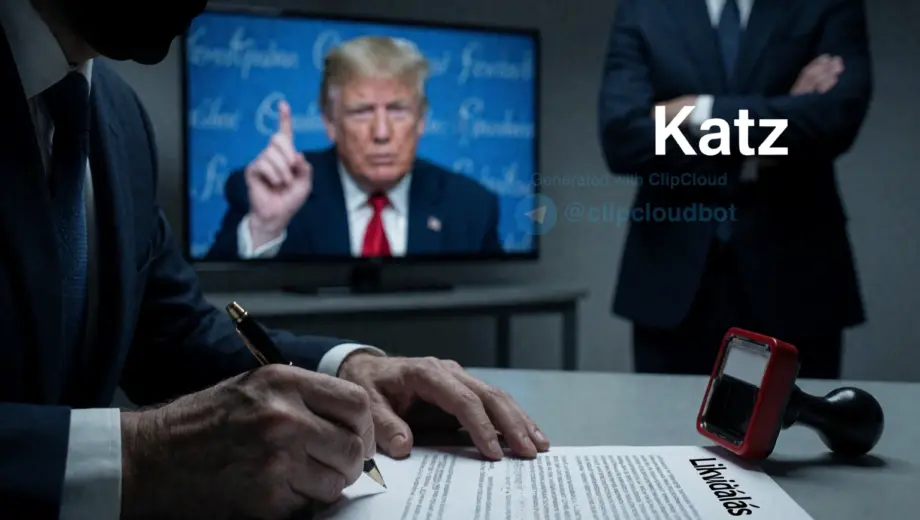 A dramatic political scene showing a shadowy figure in a suit signing a document labeled 'Likvidálás' (Liquidation) with a red stamp, while in the background, a blurred television screen displays Donald Trump raising a finger in warning, and a third figure labeled 'Katz' stands motionless with arms crossed, unchanged expression, in a dimly lit office with cold blue and gray tones, emphasizing tension and inevitability