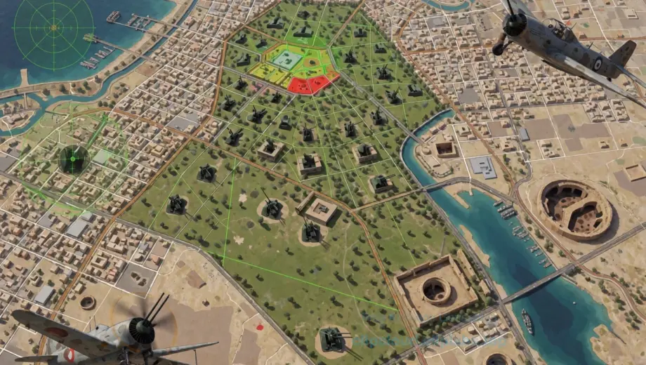 A strategic map of Riyadh showing defensive measures against airstrikes, with visual elements like radar systems, anti-aircraft batteries, underground shelters, and reinforced infrastructure, all depicted in a realistic, detailed military planning style without any text, labels, or digits