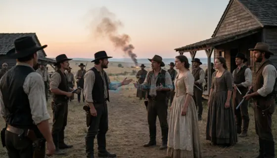 A tense scene of settlers gathered in a rural frontier settlement at dusk, with some figures engaged in heated debate, others standing guard with weapons visible, and a distant smoke plume on the horizon suggesting recent conflict; the atmosphere is charged with fear, accusation, and unresolved tension, rendered in realistic detail with natural lighting and authentic period clothing