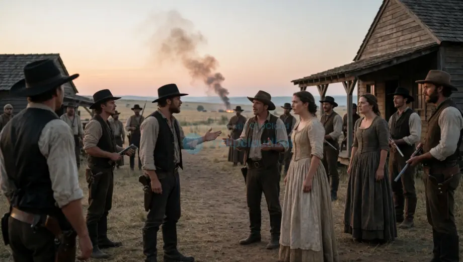 A tense scene of settlers gathered in a rural frontier settlement at dusk, with some figures engaged in heated debate, others standing guard with weapons visible, and a distant smoke plume on the horizon suggesting recent conflict; the atmosphere is charged with fear, accusation, and unresolved tension, rendered in realistic detail with natural lighting and authentic period clothing