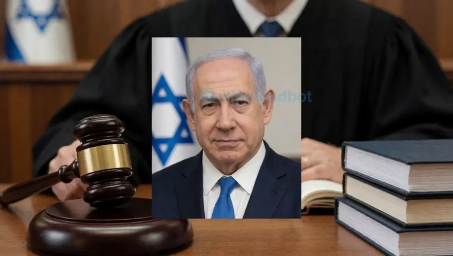 Portrait of Israeli Prime Minister Benjamin Netanyahu in a courtroom setting, with a judge's gavel and legal documents, symbolizing a treason investigation, no text or lettering