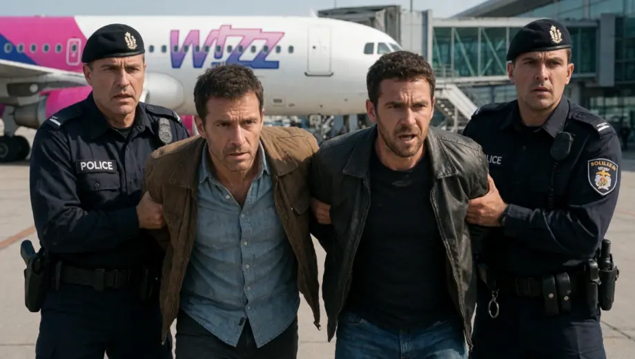 A dramatic scene showing police officers arresting individuals after a violent incident involving settlers, with a Wizz Air airplane visible in the background near an airport terminal, conveying tension and urgency, realistic lighting, detailed uniforms and expressions, no text or signage visible