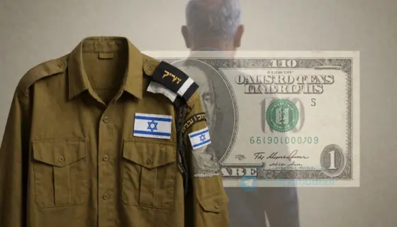 A symbolic composition showing an Israeli military uniform draped over a large, translucent dollar bill, with a subtle silhouette of a political figure in the background, all set against a muted, neutral backdrop to convey the themes of military involvement and financial stakes in politics.