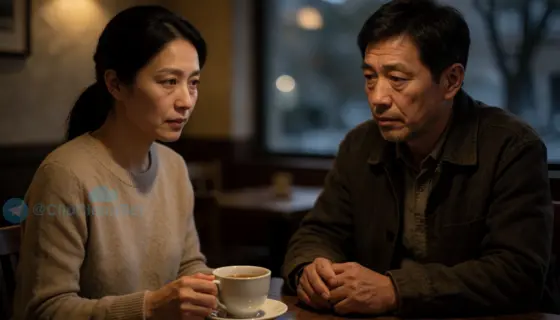 A quiet, intimate scene of two people meeting for the first time in a softly lit café at dusk — one is a thoughtful woman with gentle eyes, wearing a simple sweater, holding a cup of tea; the other is a man with a warm but slightly weary expression, sitting across from her, hands resting on the table. The atmosphere is contemplative and tender, suggesting the beginning of a deep connection about life and mortality. Soft shadows, warm ambient lighting, no text or symbols visible.