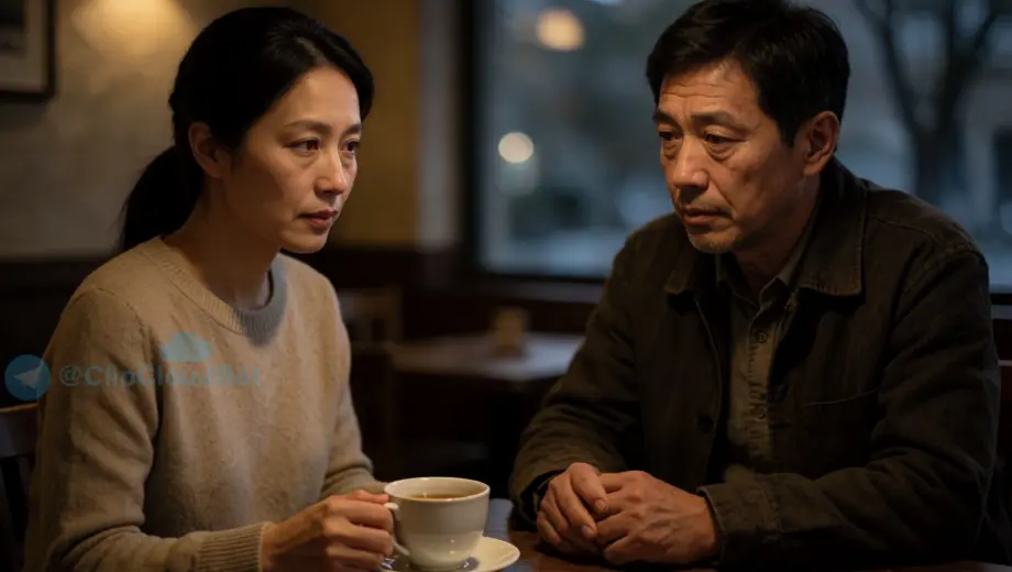 A quiet, intimate scene of two people meeting for the first time in a softly lit café at dusk — one is a thoughtful woman with gentle eyes, wearing a simple sweater, holding a cup of tea; the other is a man with a warm but slightly weary expression, sitting across from her, hands resting on the table. The atmosphere is contemplative and tender, suggesting the beginning of a deep connection about life and mortality. Soft shadows, warm ambient lighting, no text or symbols visible.