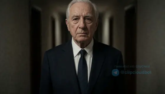 A solemn portrait of an elderly man in a dark suit, standing alone in a dimly lit hallway with subtle shadows, evoking tension and secrecy, no visible text or symbols, realistic lighting, shallow depth of field