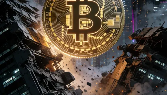 A cinematic scene of a glowing digital cryptocurrency coin with a Bitcoin symbol hovering over a crumbling futuristic city, collapsing skyscrapers, debris and dust in the air, dark atmospheric lighting with neon glares, hyper-detailed architecture