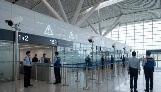 A modern airport terminal with visible security personnel and surveillance cameras, subtle signs of tension in the atmosphere, abstract representation of a security breach indicated by faint digital glitch effects or warning symbols in the air, no text or logos, realistic lighting, detailed architecture