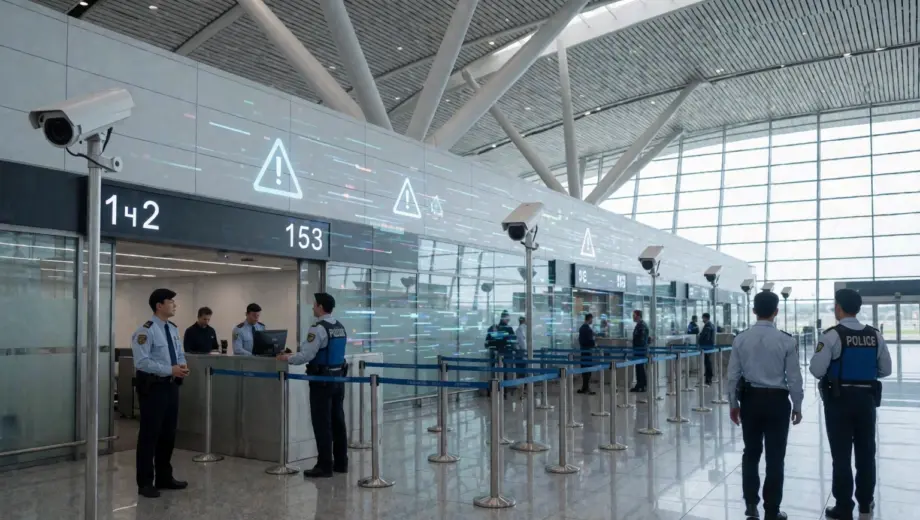 A modern airport terminal with visible security personnel and surveillance cameras, subtle signs of tension in the atmosphere, abstract representation of a security breach indicated by faint digital glitch effects or warning symbols in the air, no text or logos, realistic lighting, detailed architecture