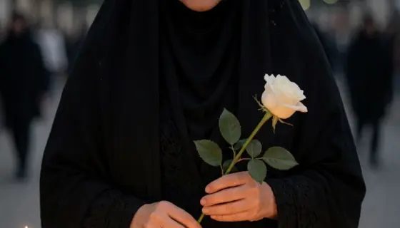 A solemn Iranian woman in traditional mourning attire stands before a candlelit memorial, holding a single white rose, with soft ambient lighting and subtle shadows conveying grief and resilience, no text or symbols visible
