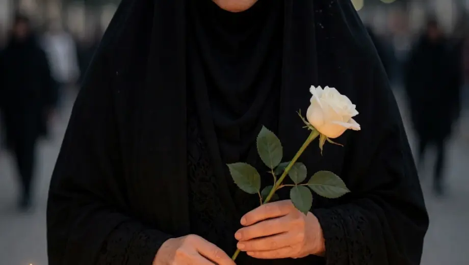 A solemn Iranian woman in traditional mourning attire stands before a candlelit memorial, holding a single white rose, with soft ambient lighting and subtle shadows conveying grief and resilience, no text or symbols visible