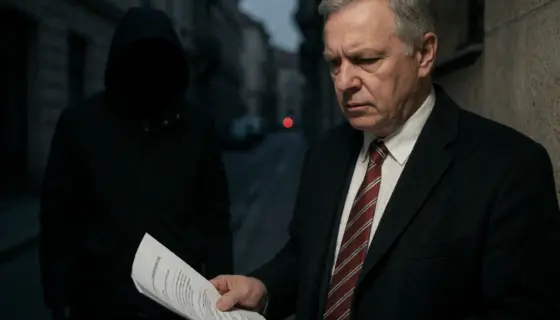 A tense political scene showing a Hungarian official preparing for conflict, with a leaked document in hand, and a shadowy figure resembling an Israeli advisor in the background, dim lighting, urban setting, realistic details, no text or symbols visible
